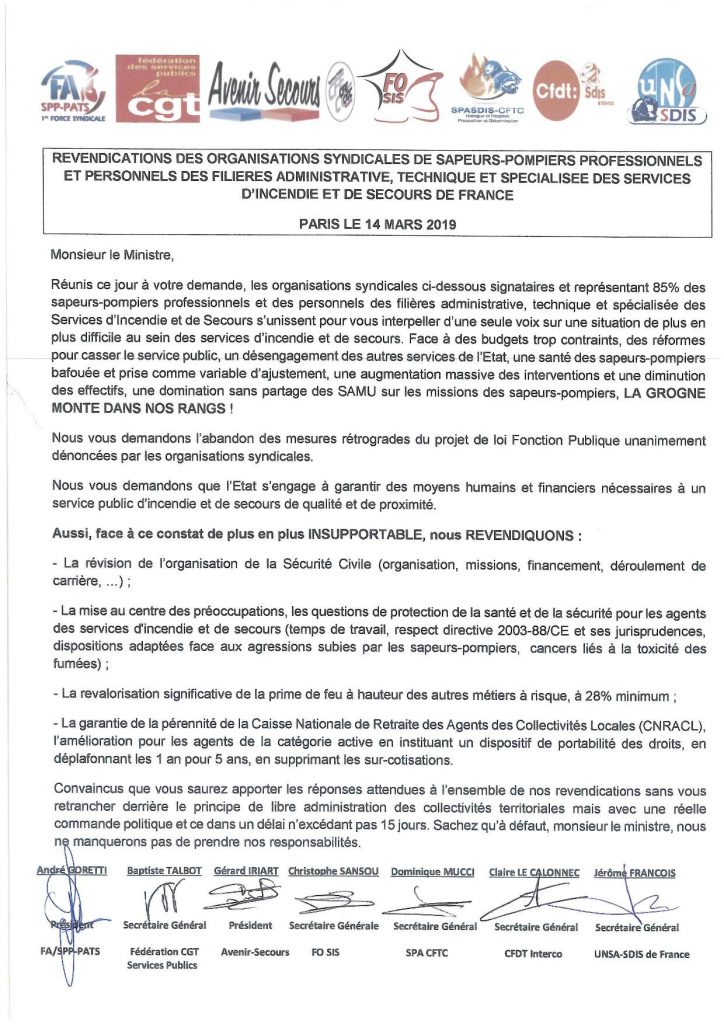 Revendications des organisations SPP et PATS des SIS de France