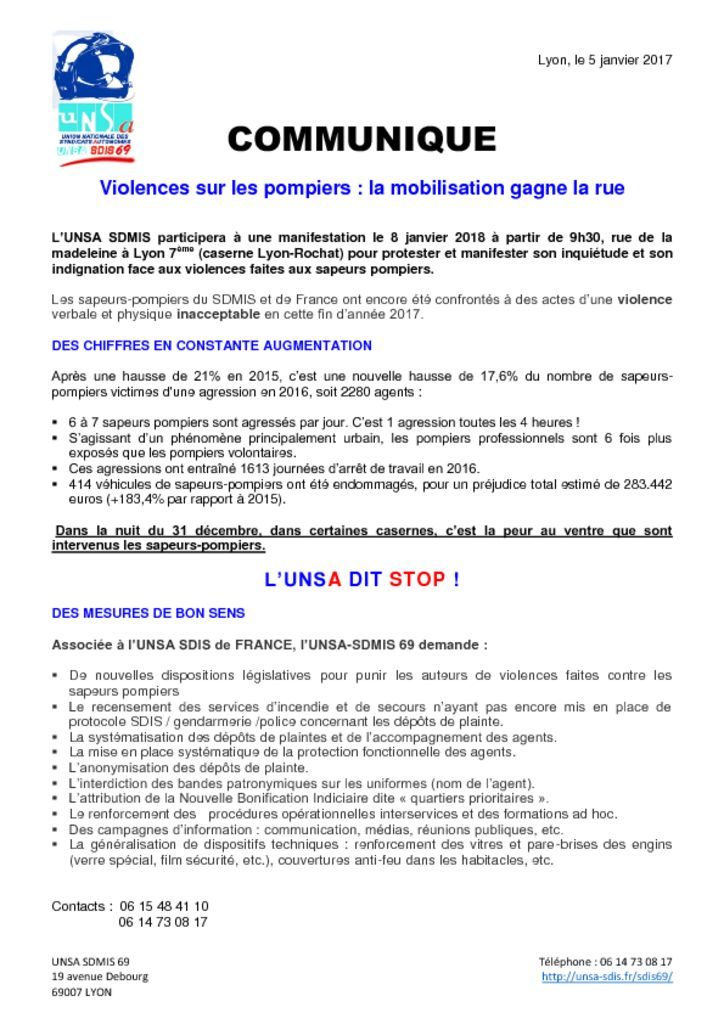 thumbnail of Communiqué UNSA sdmis 5-01-18 mobilisation contre les violences sur les sapeurs pompiers